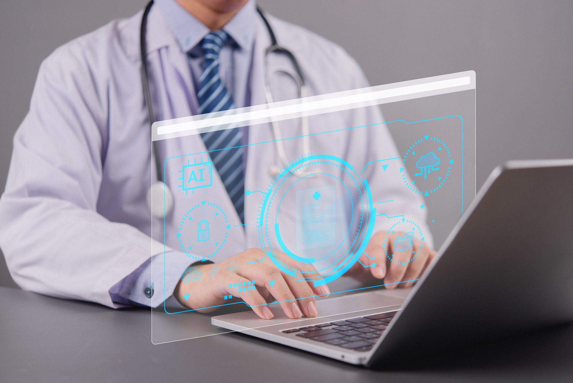 Telemedicine concept with doctor analyzing patient information using AI, cybersecurity, and healthtech tools. Artificial intelligence digital data and futuristic medical interface